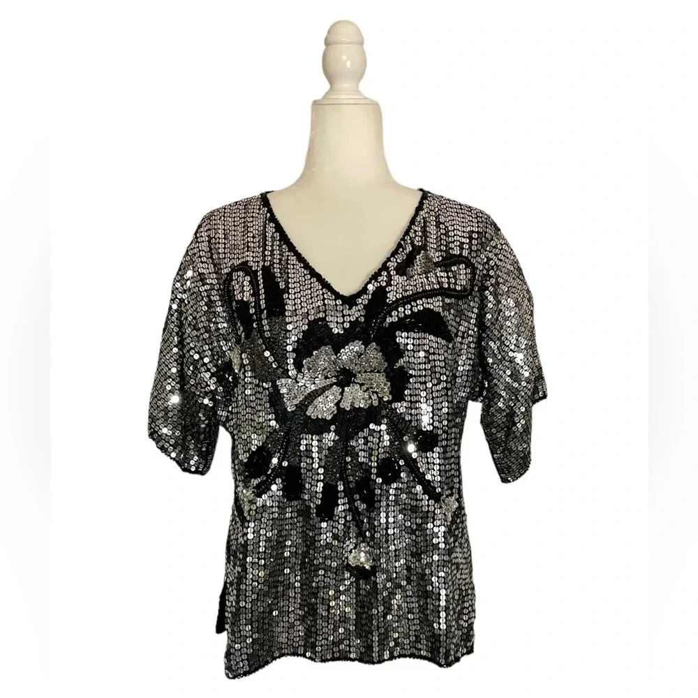 Vintage 80’s Glam Floral Sequin Silk Blouse